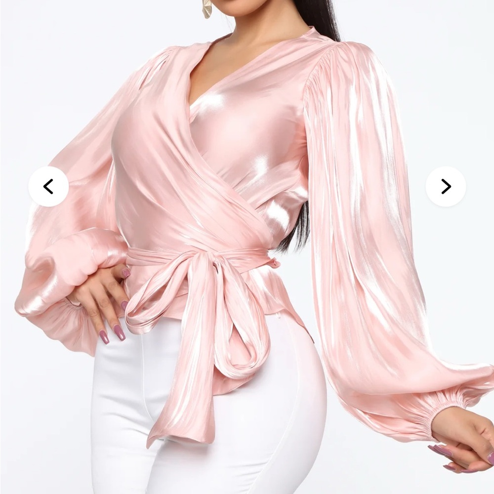 Pink Satin Wrap Blouse Balloon Sleeve Tie Waist Silky Top Size S - Picture 2 of 4